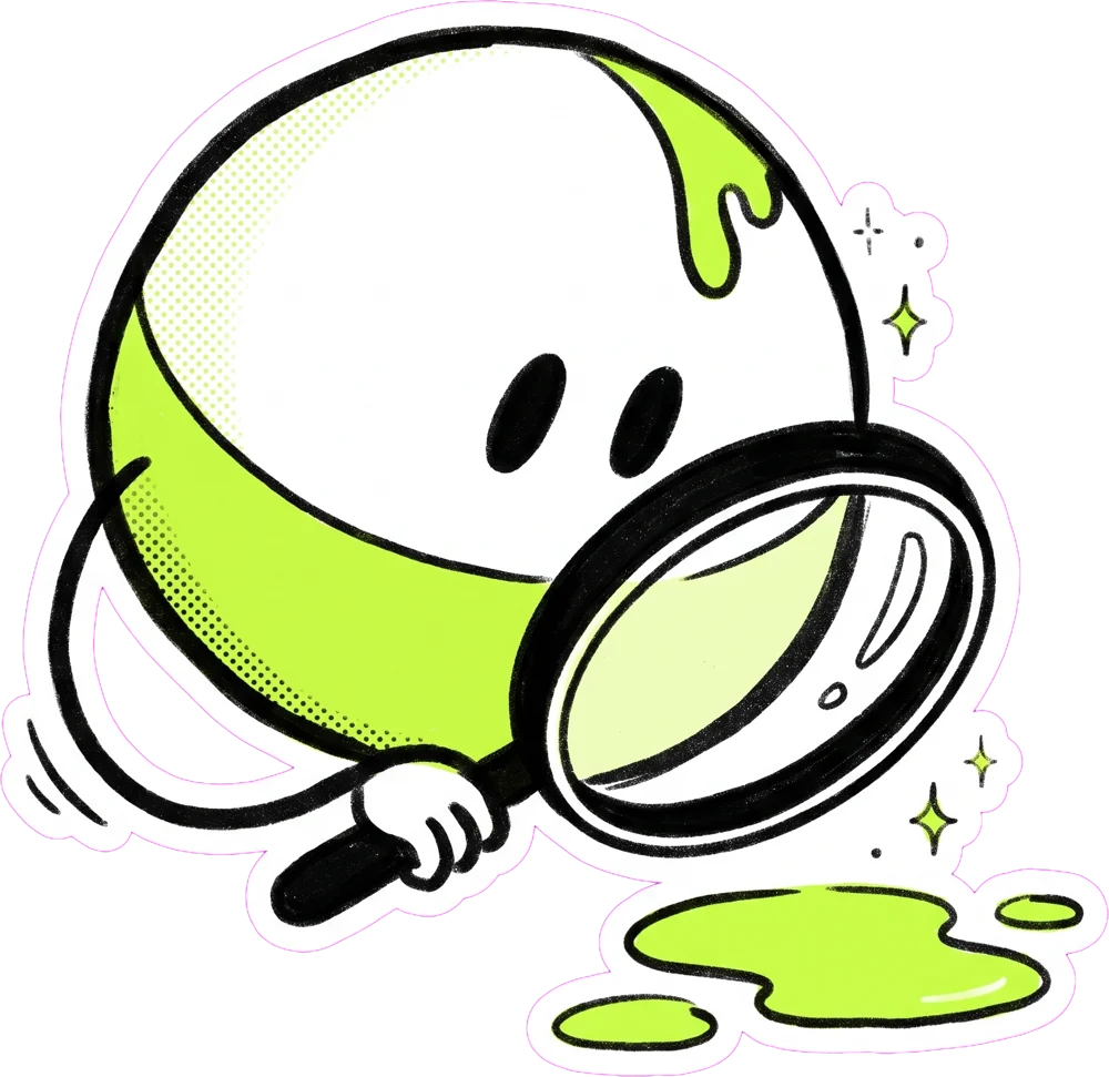 The mascot inspects puddles with a magnifying glass