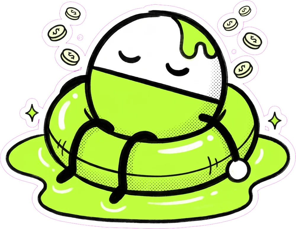 The mascot floats on a ring while coins bubble up