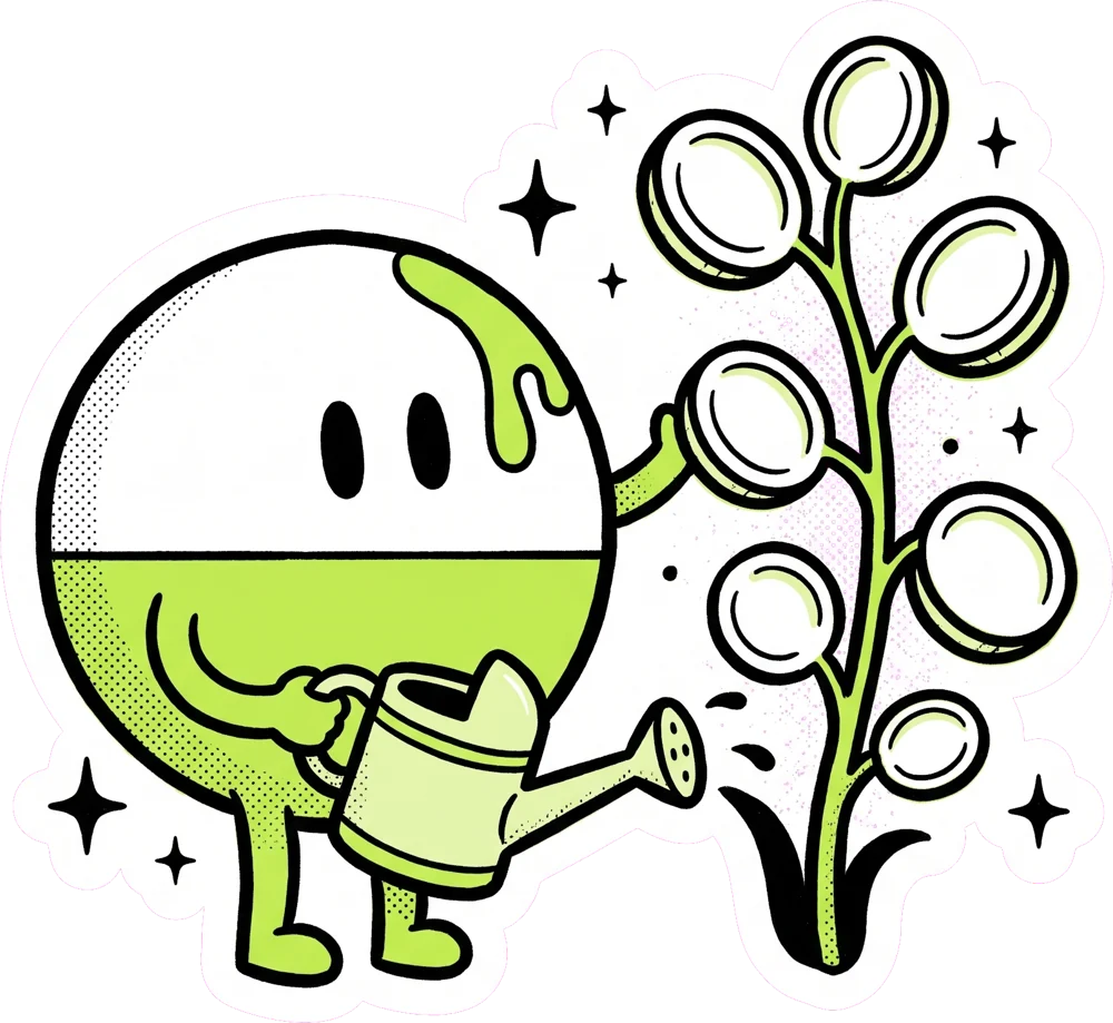 The mascot next to a plant with coin leaves