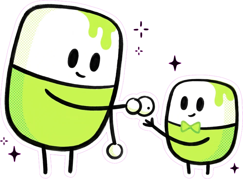 A big mascot hands a coin to a small mascot