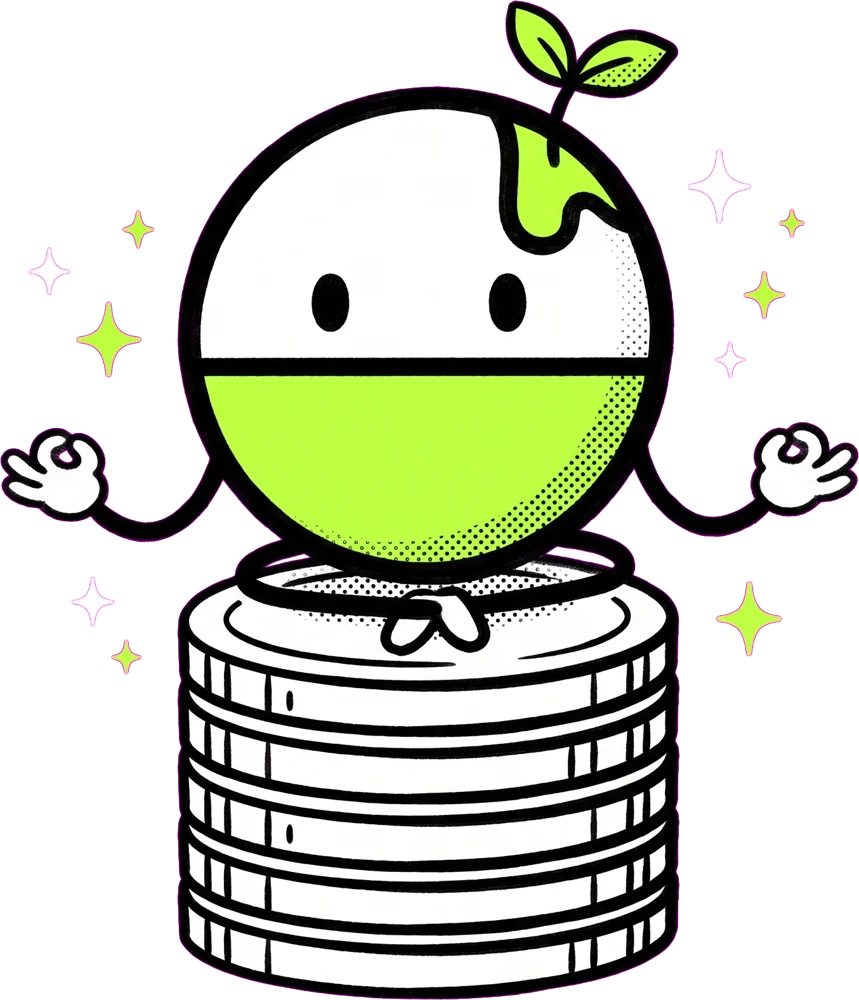 The mascot meditates on a stack of coins